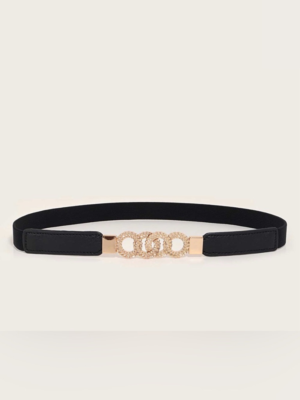 Black Elastic Waist Belt with Gold Interlocking Rings
